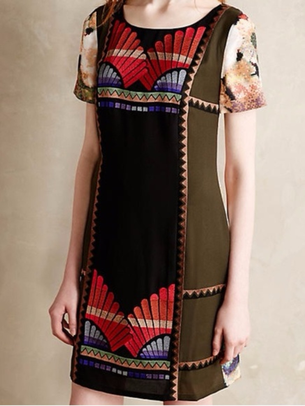 Ranna Gill Anthropologie shift dress, red embroidery, black olive background